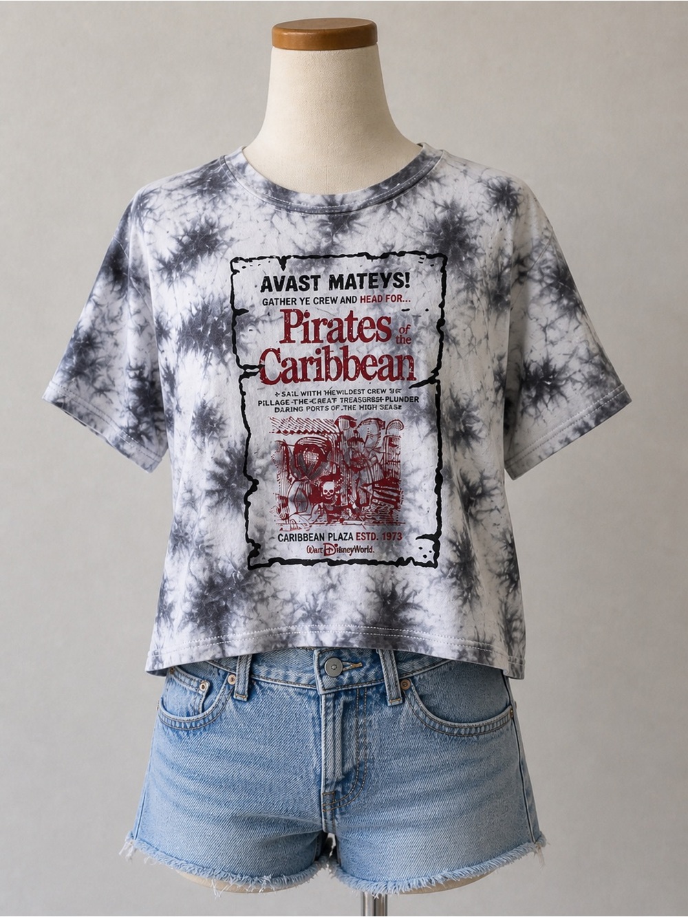 Disney Pirates of the Caribbean Tie Dye T Shirt Black White Graphic Tee Size M